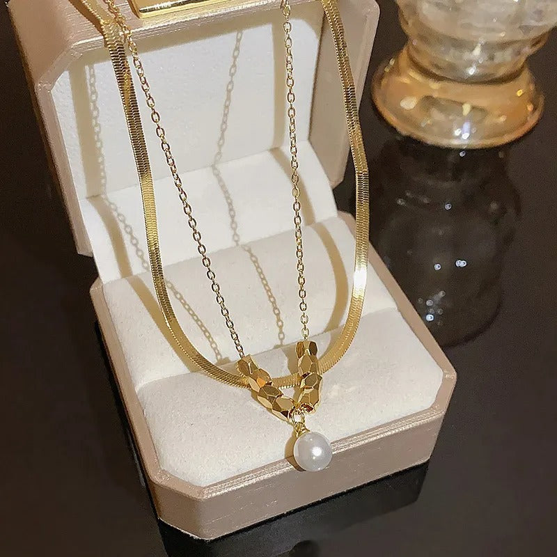 FS-NCKS4C54 - Double Layer Pearl & Beads Necklace