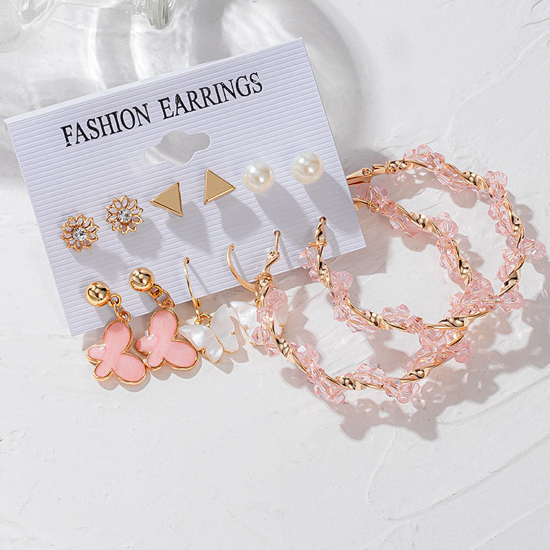 6 Pair Butterfly Pearl Studs And Hoop Earrings