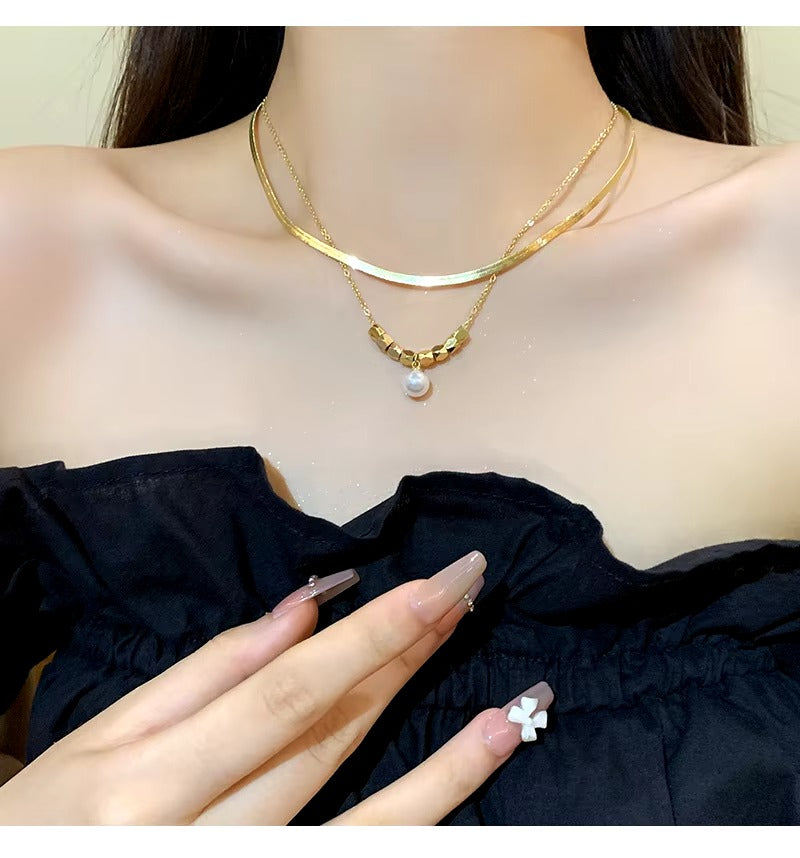 FS-NCKS4C54 - Double Layer Pearl & Beads Necklace
