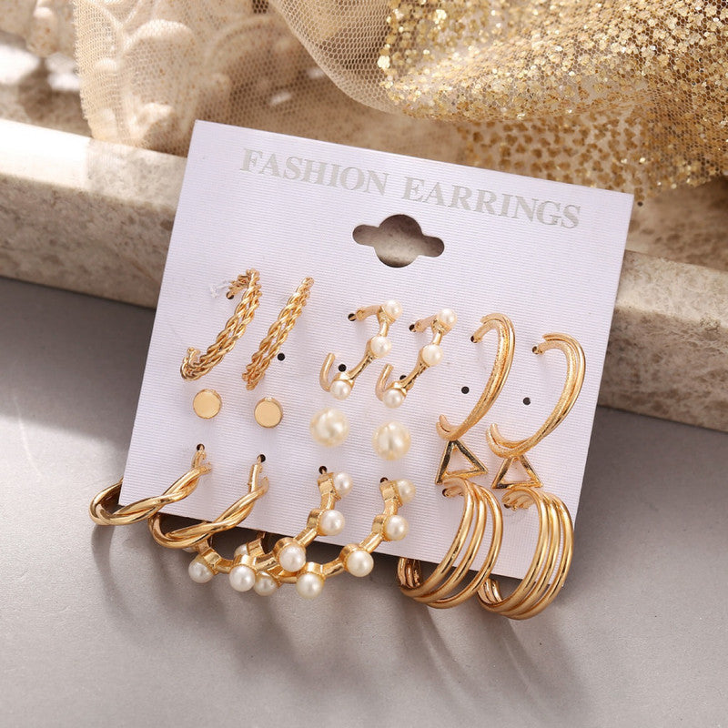 Combo 9 Pairs Gold Plated Pearl Studs And Hoop Earrings