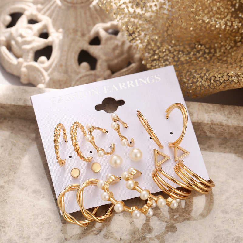 Combo 9 Pairs Gold Plated Pearl Studs And Hoop Earrings