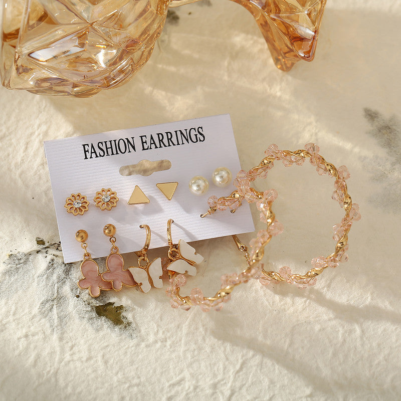 6 Pair Butterfly Pearl Studs And Hoop Earrings