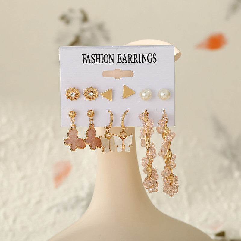 6 Pair Butterfly Pearl Studs And Hoop Earrings