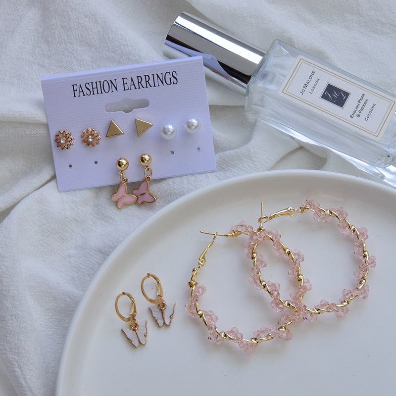 6 Pair Butterfly Pearl Studs And Hoop Earrings
