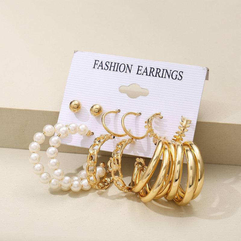 Combo of 6 Plain Chain Pearl Hoop Earrings