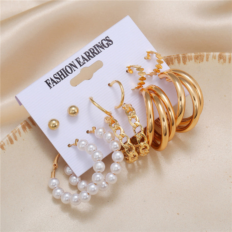 Combo of 6 Plain Chain Pearl Hoop Earrings