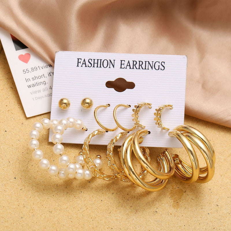 Combo of 6 Plain Chain Pearl Hoop Earrings