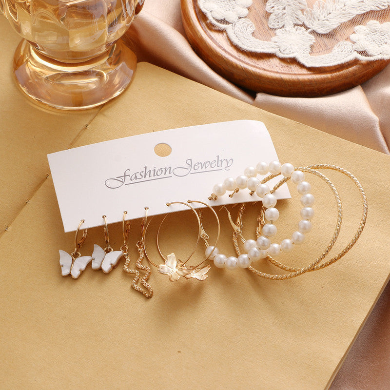 Combo of 5 Butterfly Snake Pearl Hoop Earrings