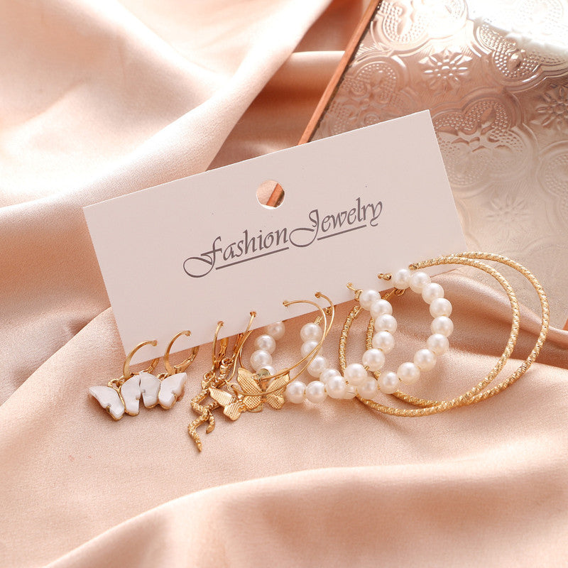 Combo of 5 Butterfly Snake Pearl Hoop Earrings