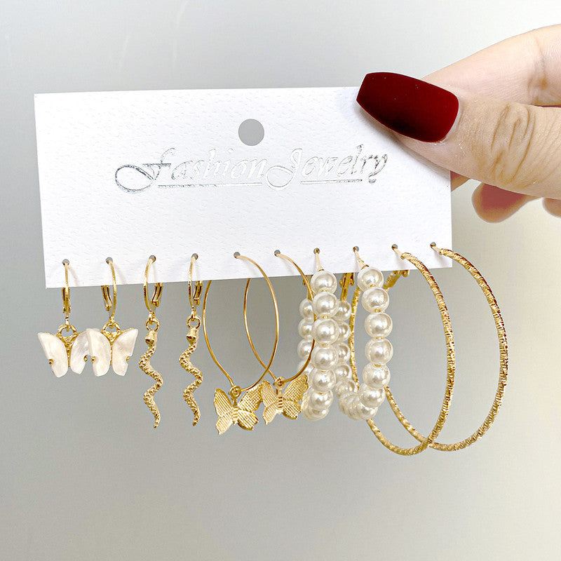 Combo of 5 Butterfly Snake Pearl Hoop Earrings