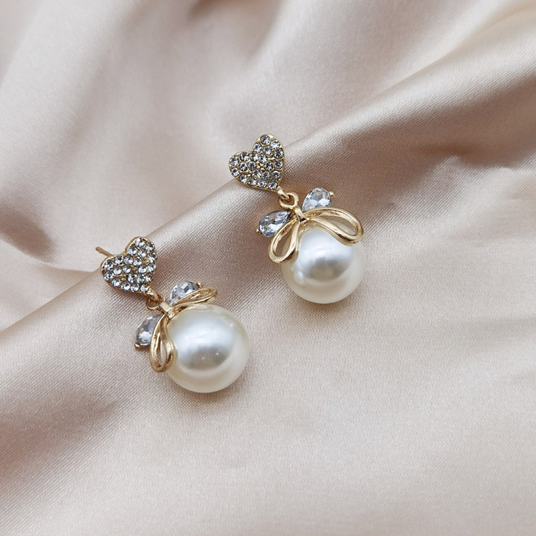 Love Bow and Pearl Stud Korean Earrings (2 Pcs/Set)