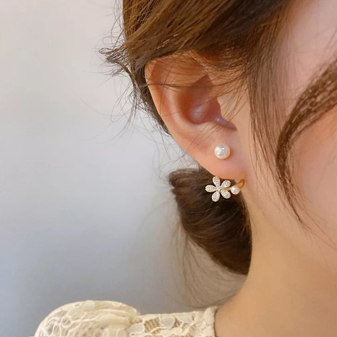 Diamond Flower and Pearl Stud Korean Earrings 2 Pcs/Set