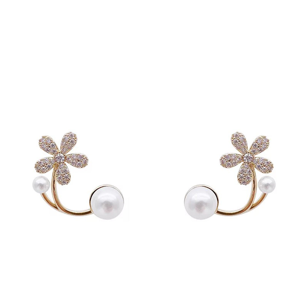 Diamond Flower and Pearl Stud Korean Earrings 2 Pcs/Set