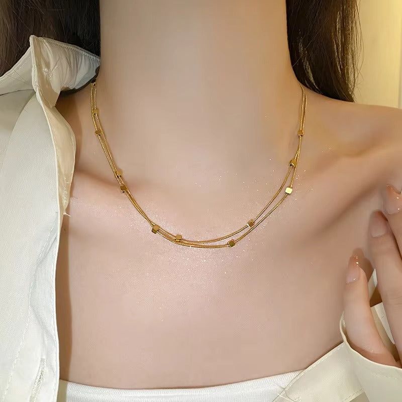 FS-NCKS4C62 - Retro Double-layer Herringbone Cubic Square Beads Necklace