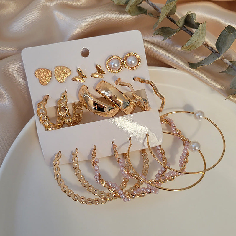 9 Pair Pearl, Hoop, And, Heart Butterfly Stud Earrings