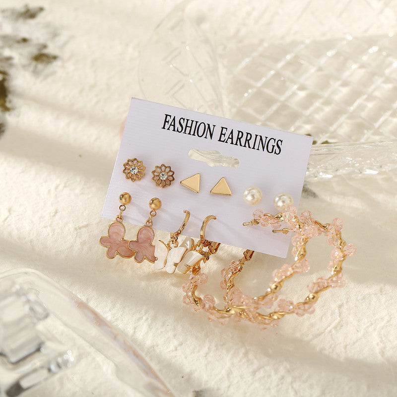 6 Pair Butterfly Pearl Studs And Hoop Earrings