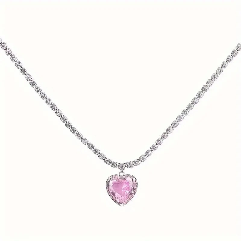 FS-NCKS4C35 - Pink Heart Stone Chain Choker Necklace