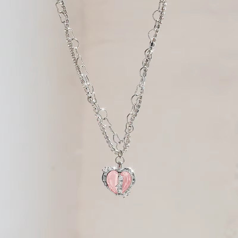 FS-NCKS4C19P - Pink Heart Chain Pendant Multi Chain Necklace