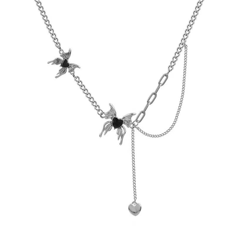 FS-NCKS4C30 - Y2K Black Butterfly Heart Tassel Necklace