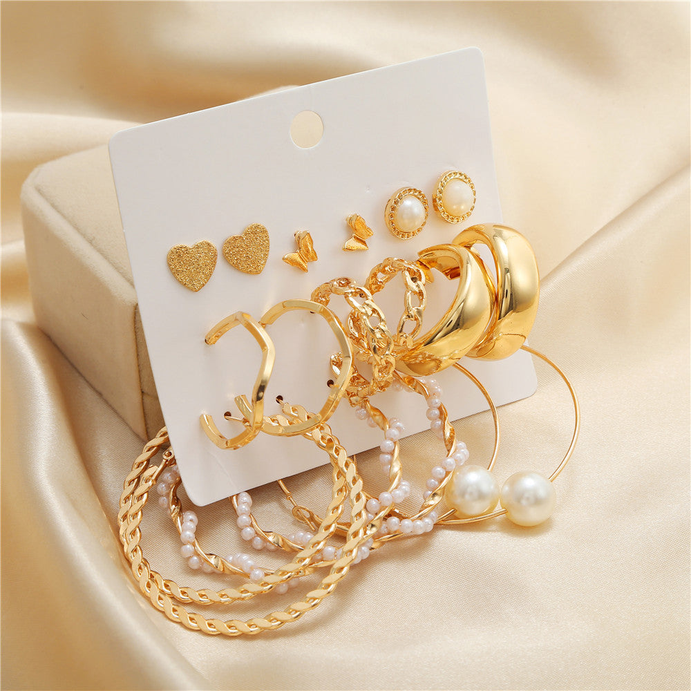 9 Pair Pearl, Hoop, And, Heart Butterfly Stud Earrings