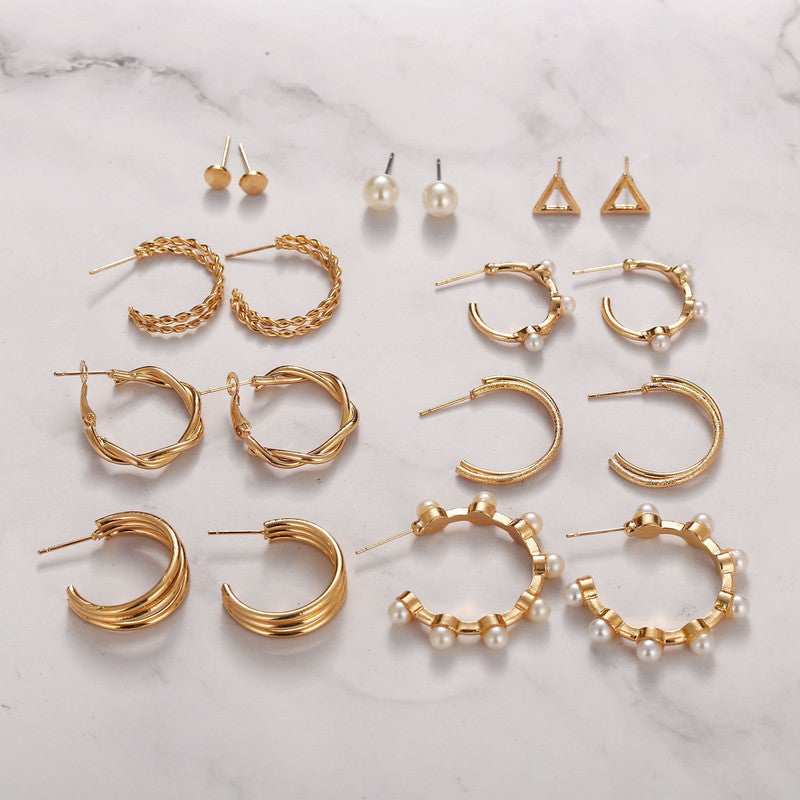 Combo 9 Pairs Gold Plated Pearl Studs And Hoop Earrings