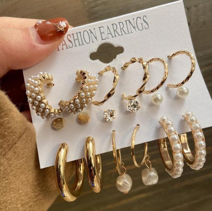 Combo Of 9 Pair Pearl, Stone, Hoops, And Stud Earrings