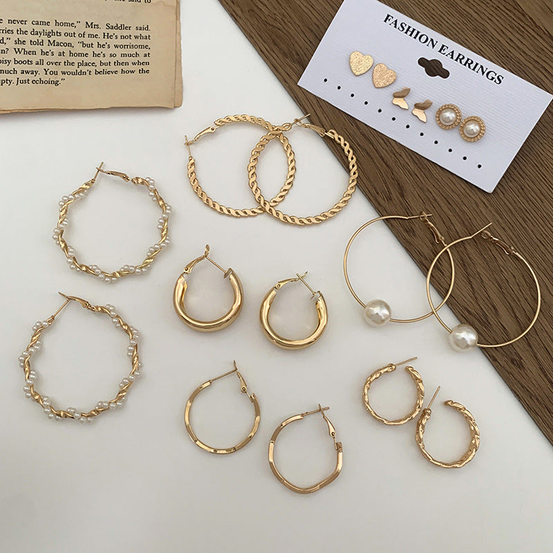 9 Pair Pearl, Hoop, And, Heart Butterfly Stud Earrings