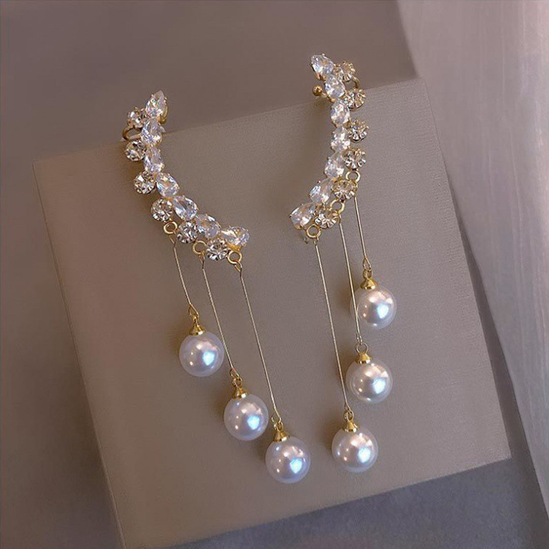 Zircon Ear Cuff With Pearl Tassel Korean Earrings 2Pcs/Set