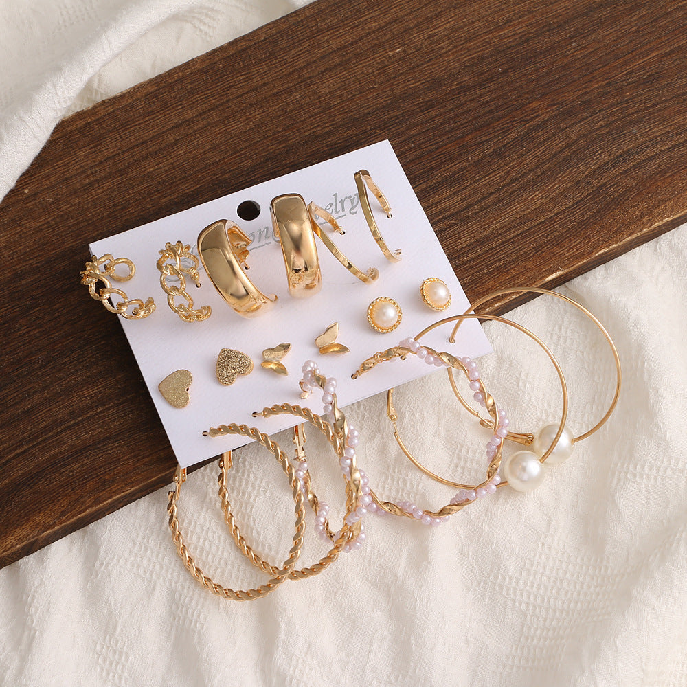 9 Pair Pearl, Hoop, And, Heart Butterfly Stud Earrings