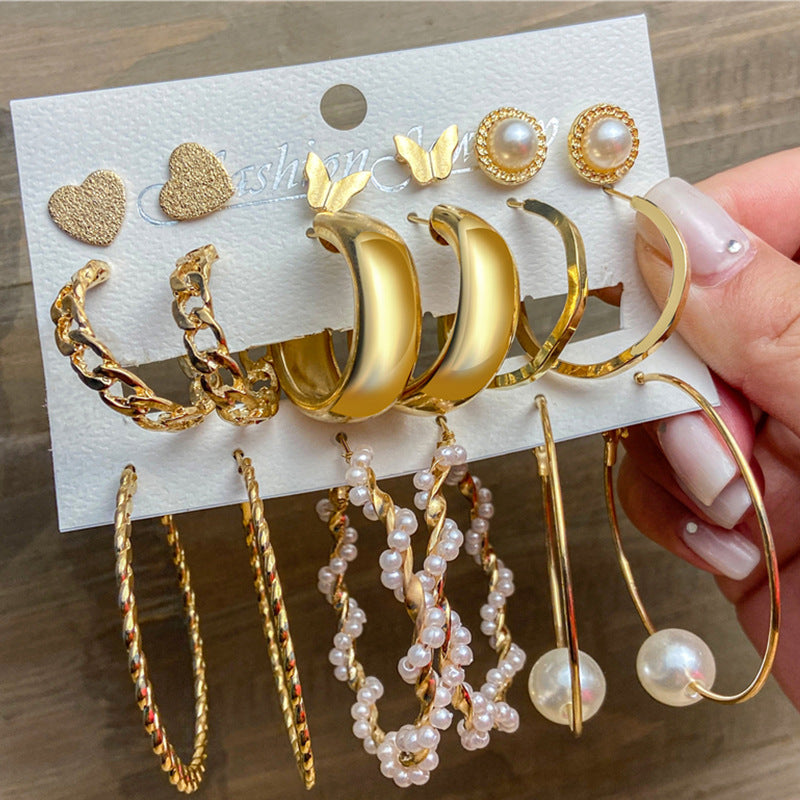 9 Pair Pearl, Hoop, And, Heart Butterfly Stud Earrings