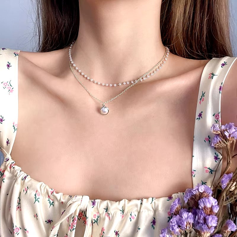 FS-NCKS4C58 - Pearl Drop Double Layer Peral Chain Necklace