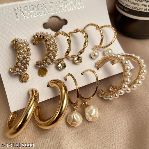 Destiny Jewels Gold Plated 9 Pair Rhinestone Faux Pearl Decor Hoop Earrings Set for Women