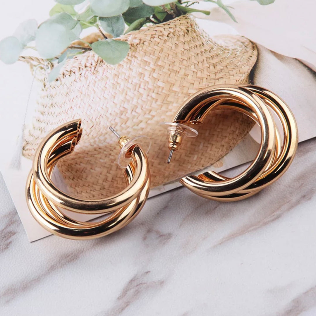 Korean Gold Plated Shiny Triple Hoop Earrings