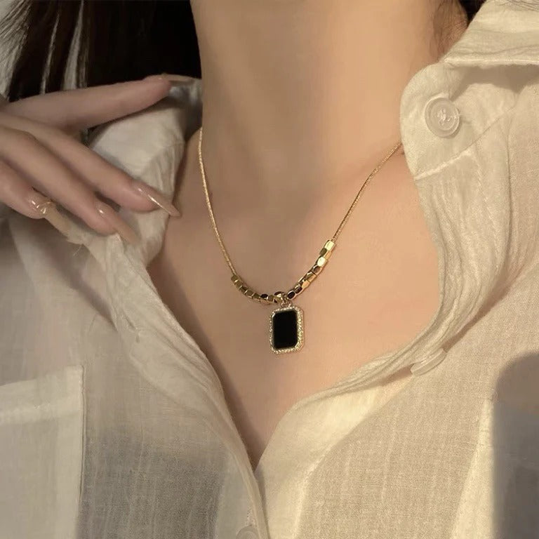FS-NCKS7N17 - 16 Square Beads Black Pendant Chain Necklace