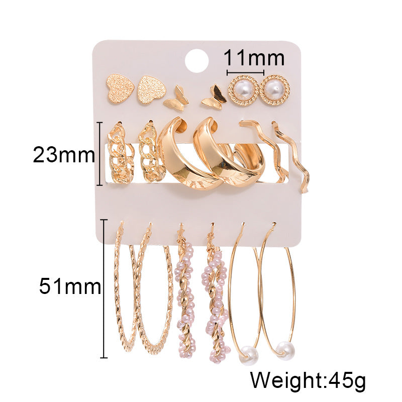 9 Pair Pearl, Hoop, And, Heart Butterfly Stud Earrings