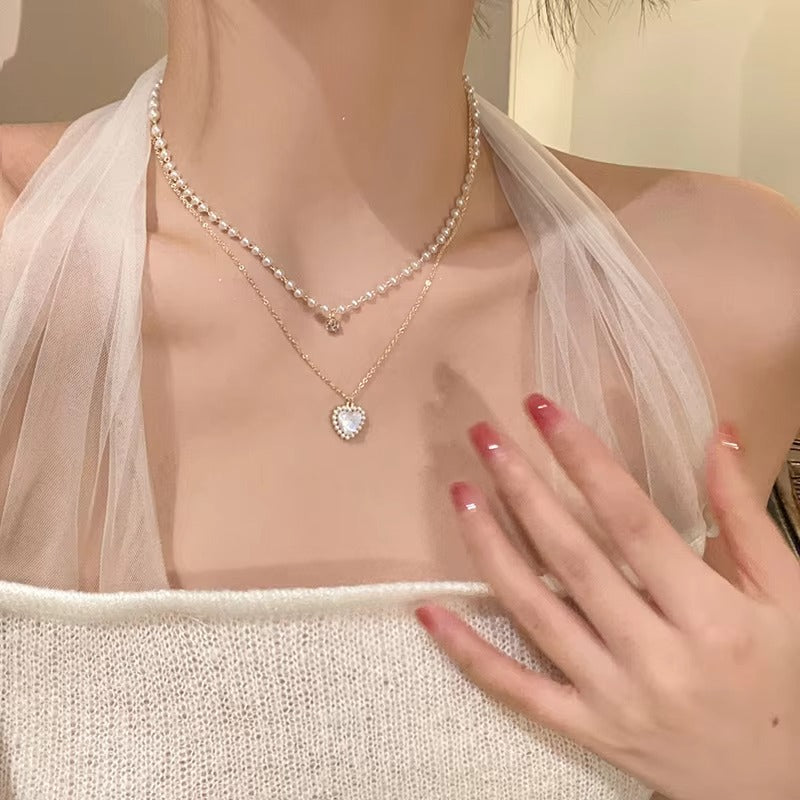 FS-NCKS4C10 - Double Layer Pearl Chain Heart Necklace