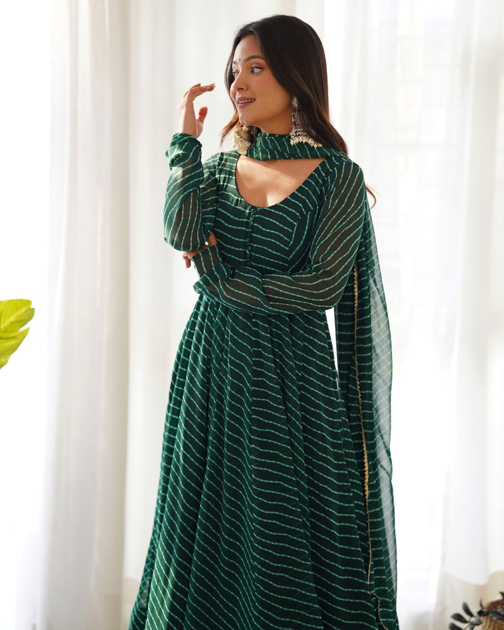 Sawan Special Bottle Green Lahariya Print Anarkali Suit With Dupatta & Bottom (Set Of 3)