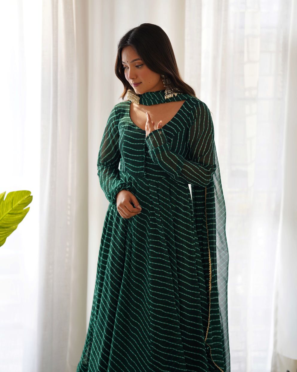 Sawan Special Bottle Green Lahariya Print Anarkali Suit With Dupatta & Bottom (Set Of 3)