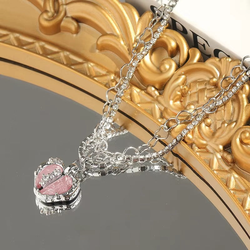 FS-NCKS4C19P - Pink Heart Chain Pendant Multi Chain Necklace