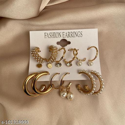 Destiny Jewels Gold Plated 9 Pair Rhinestone Faux Pearl Decor Hoop Earrings Set for Women