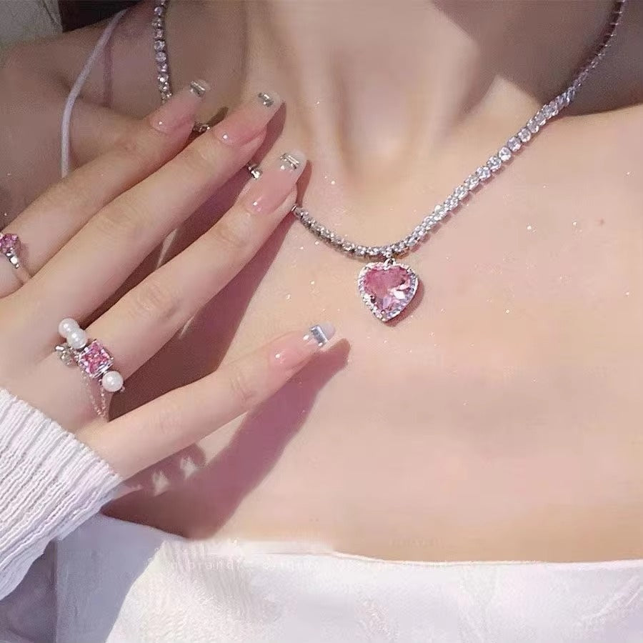 FS-NCKS4C35 - Pink Heart Stone Chain Choker Necklace