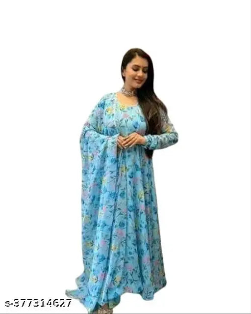 Flower Print Long Kurti With Dupatta (No Bottomwear)