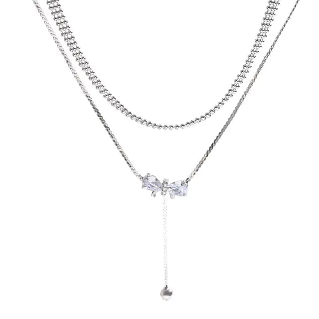 FS-NCKS4C52 - Bow Drop Dual Chain Choker Necklace