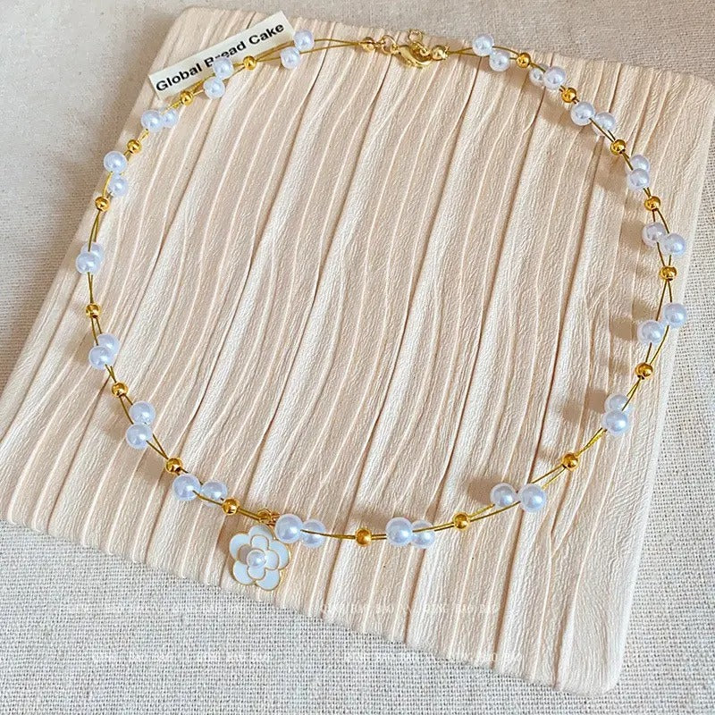 FS-NCKS7N35 - French Style Pearl Camellia Necklace