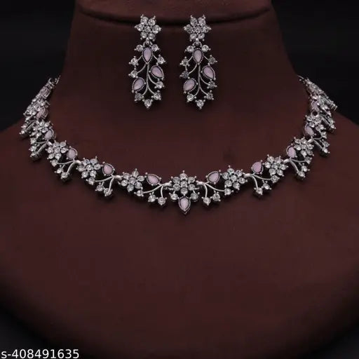 Alasca jewellery Rose Gold Diamond Brass, Stone, Crystal, Stainless Steel Gold-plated Rose Gold Jewel Set Choker necklace For Women and Girls