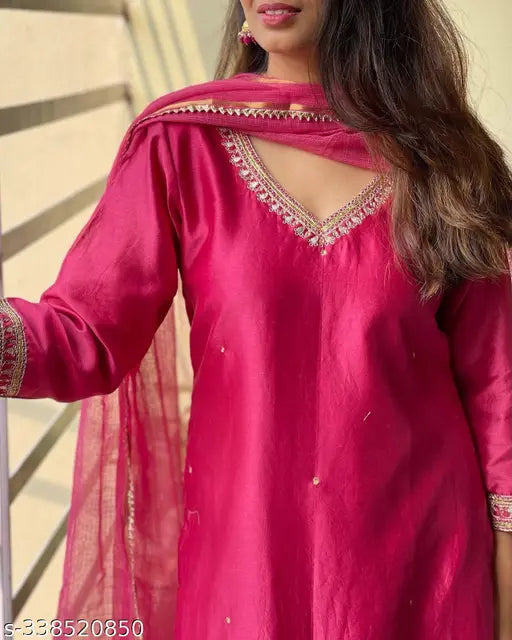 Shri Ram Women's Pink Cotton Blend Solid Straight Kurta With Trousers & Dupatta