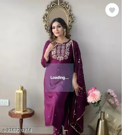 Women Rayon Straight Embroidered Long Kurti Pant With Dupatta set