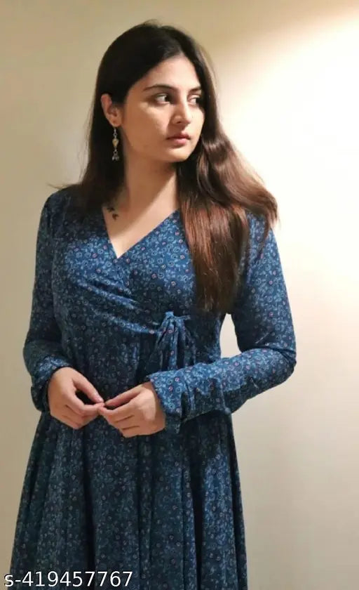 Fashion2wear Women's Floral Print V-neck Blue Dresses