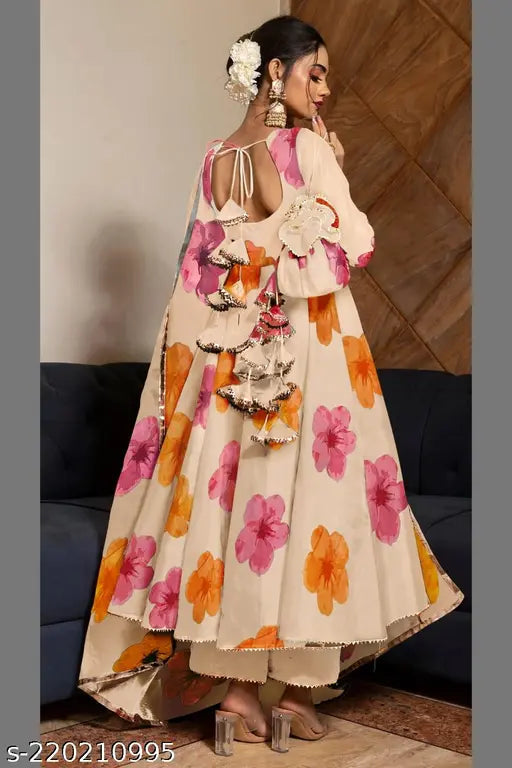 Women Printed Georgette Flowers Printed Anarkali Kurta | Kurti and Pant with Dupatta Set