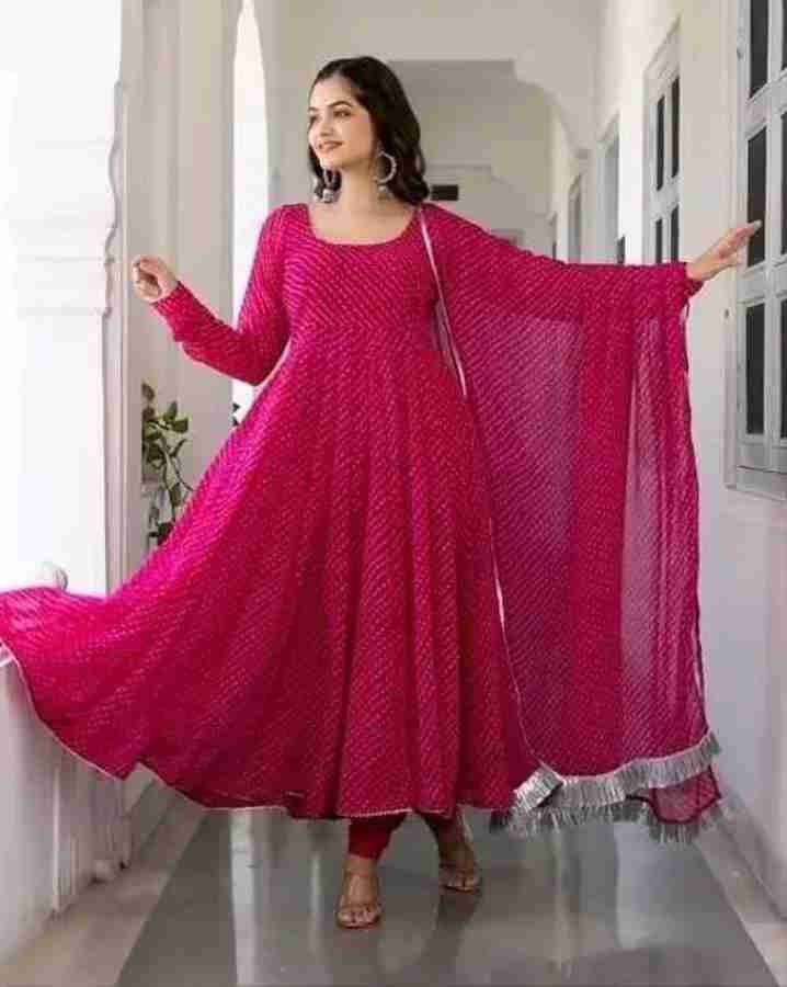 DivaFashionWear Women Printed Georgette Anarkali Kurta With Attached Dupatta (Pink)